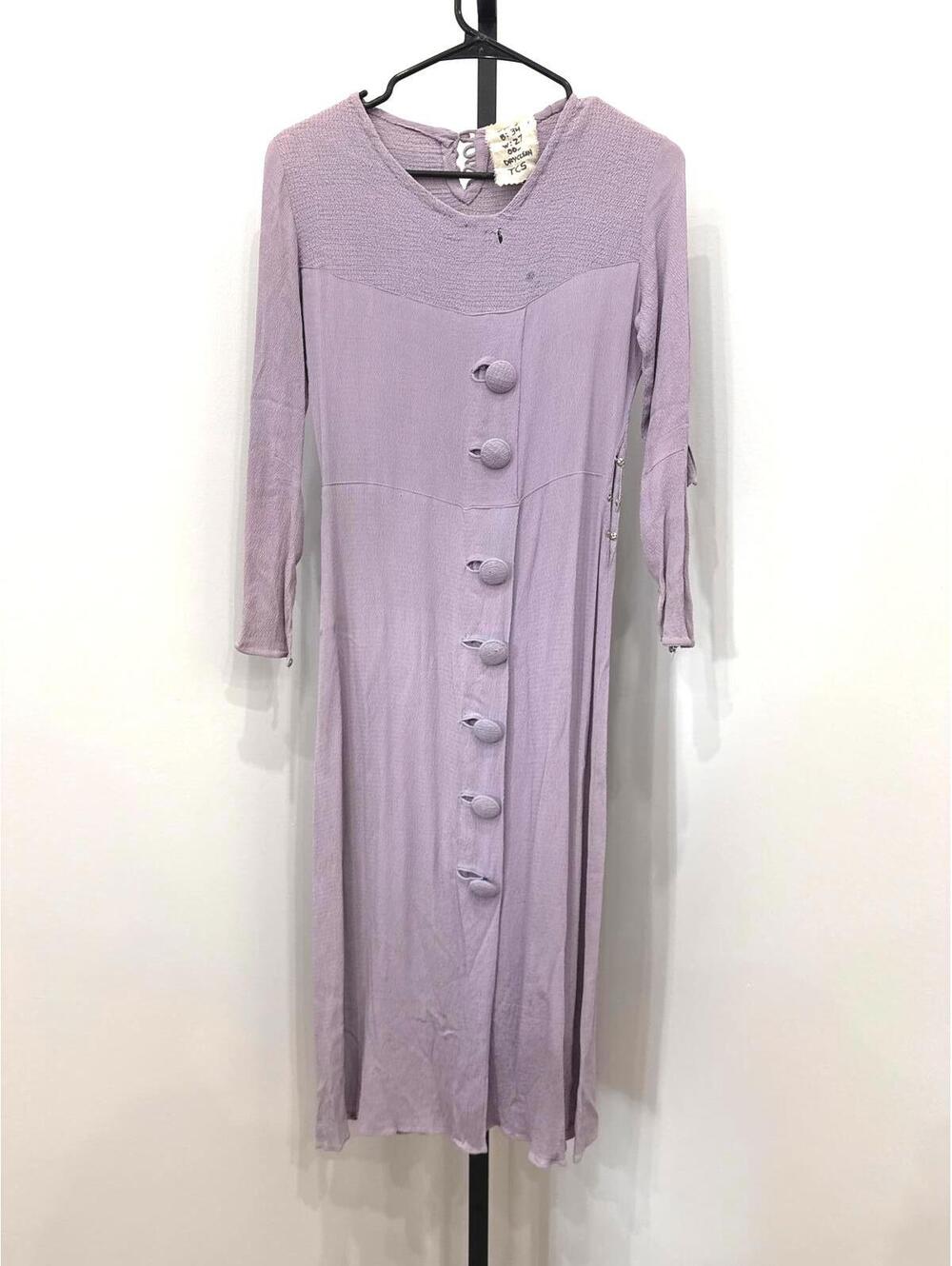 40s Dress Long Sleeve Lilac Button-Front Dress with Side Pearl Detail